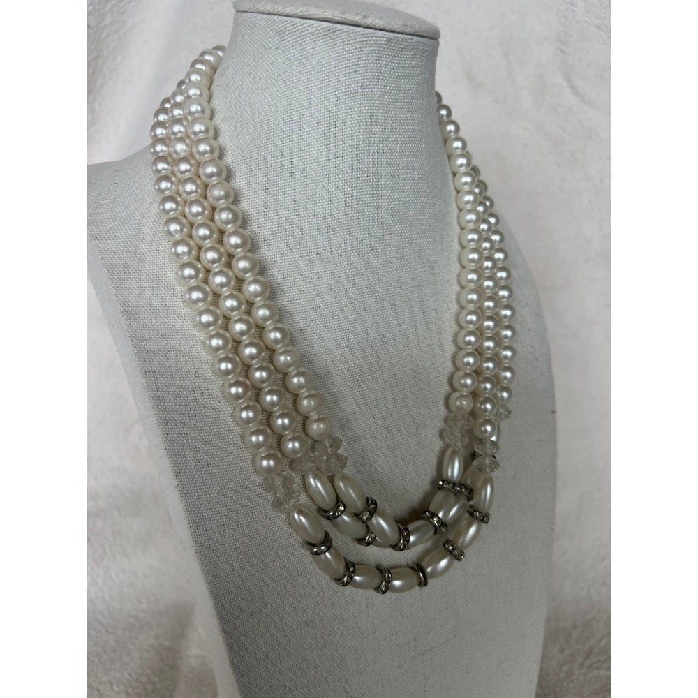 Faux Pearl Necklace Layered Rhinestone Vintage Bridal Classi Formal Old Money